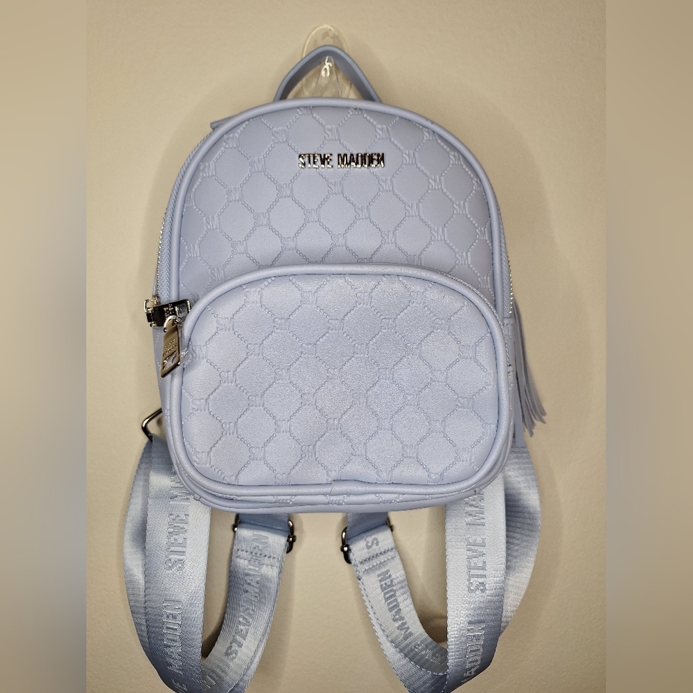 NWT Steve Madden Mini Backpack Sky Baby Blue Quilted SM Logo W ID Card Case